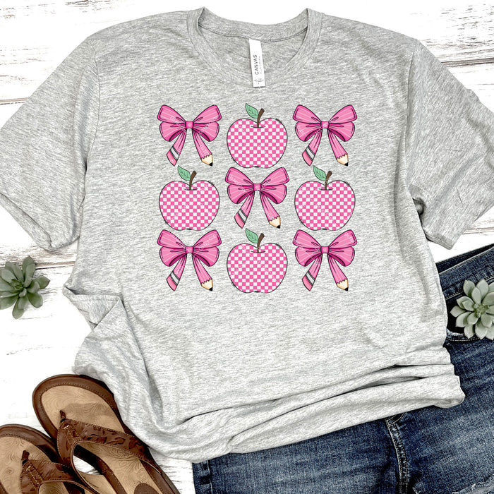 Pink Checkered Apples & Coquette Pencil Bows DTF Transfer