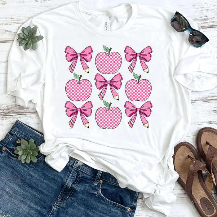 Pink Checkered Apples & Coquette Pencil Bows DTF Transfer