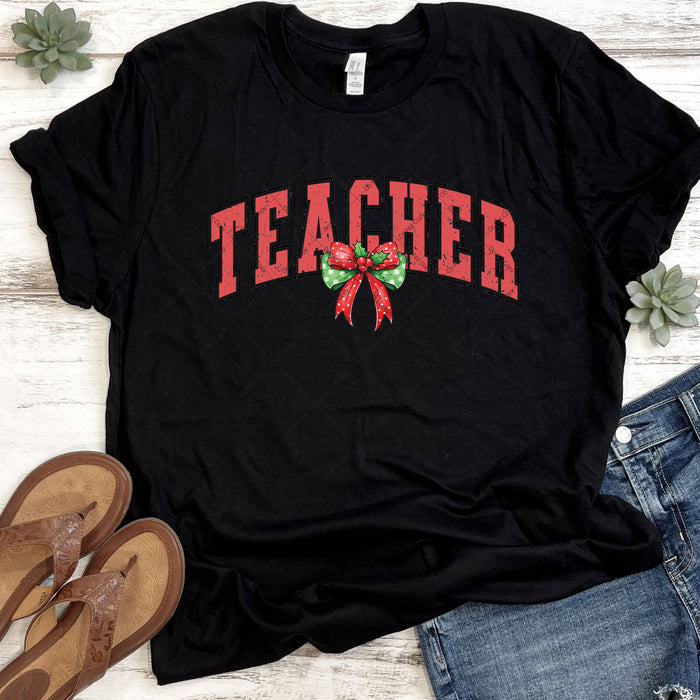 Teacher Christmas Bow Distressed DTF Transfer