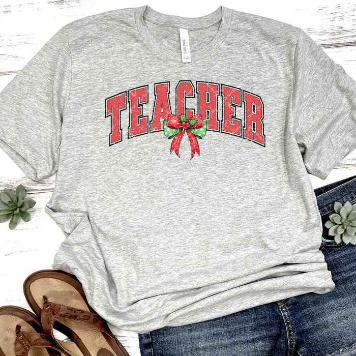 Teacher Christmas Bow Distressed DTF Transfer