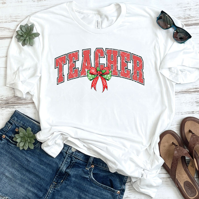 Teacher Christmas Bow Distressed DTF Transfer