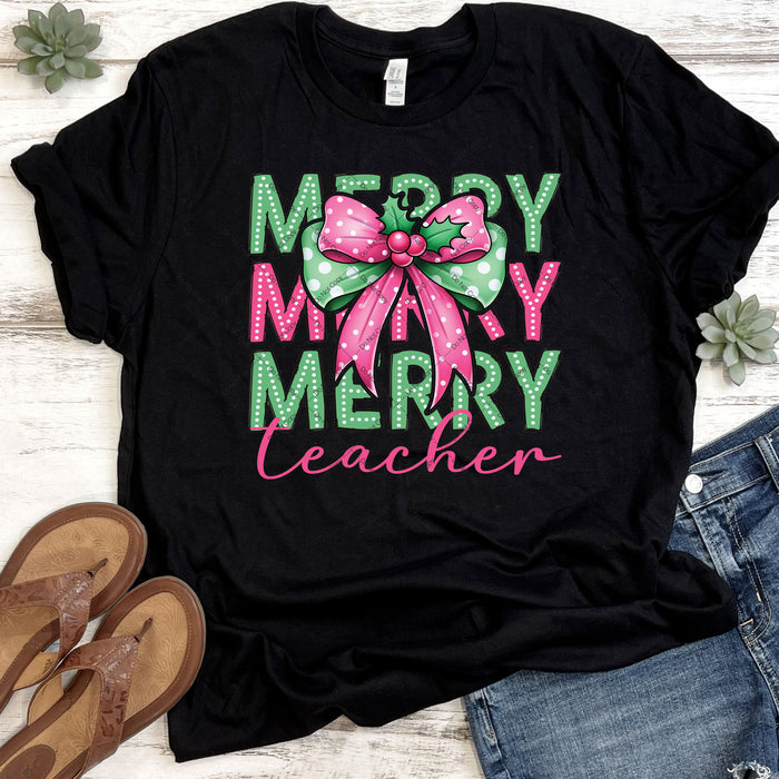 Merry Teacher Pink Bow DTF Transfer