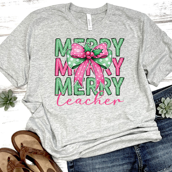 Merry Teacher Pink Bow DTF Transfer