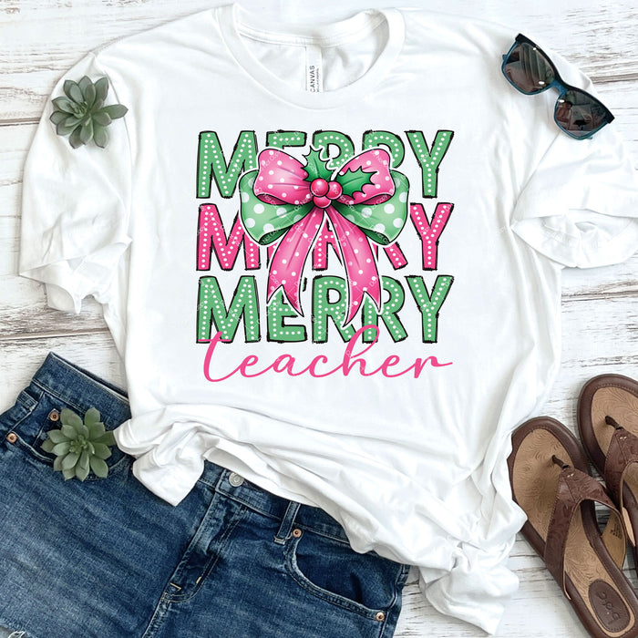 Merry Teacher Pink Bow DTF Transfer