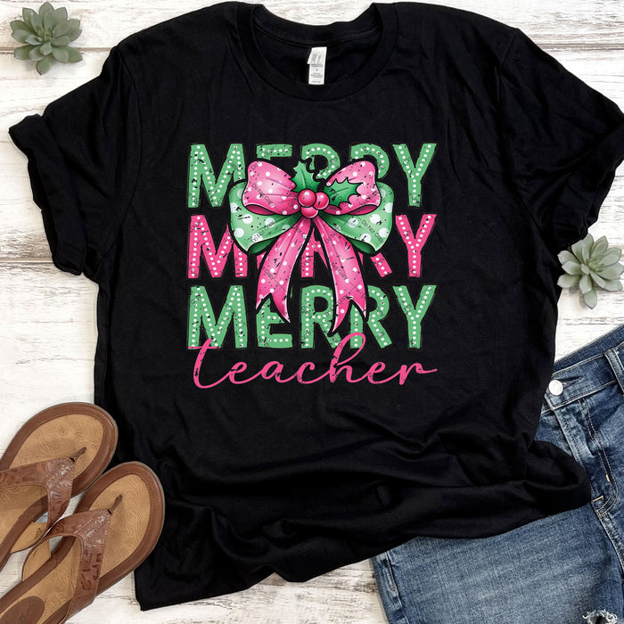 Merry Teacher Pink Bow Retro DTF Transfer