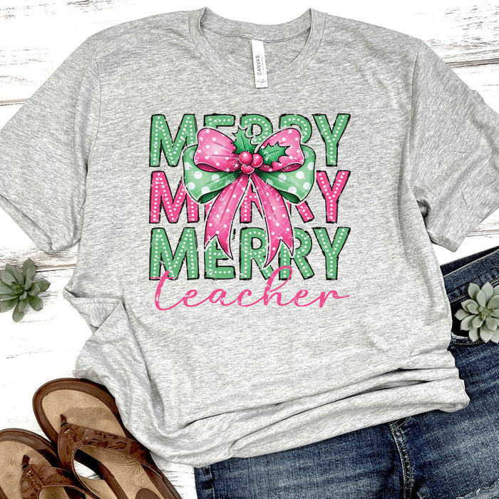 Merry Teacher Pink Bow Retro DTF Transfer