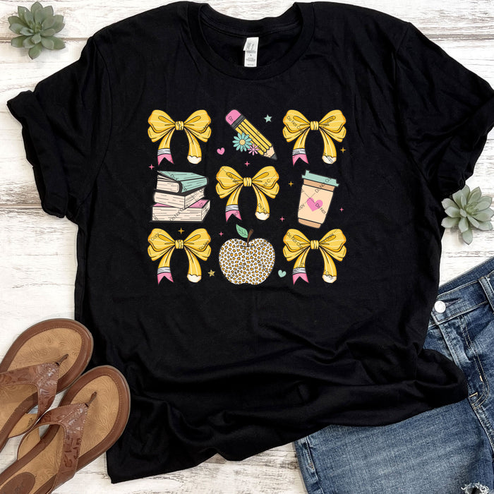 Yellow Teacher Pencil Bows, Apples & Coffee DTF Transfer