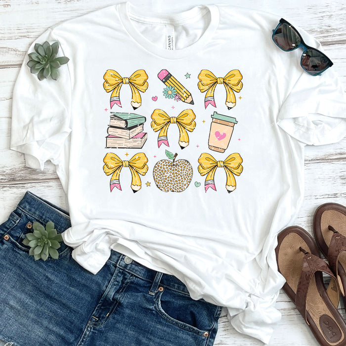 Yellow Teacher Pencil Bows, Apples & Coffee Retro DTF Transfer