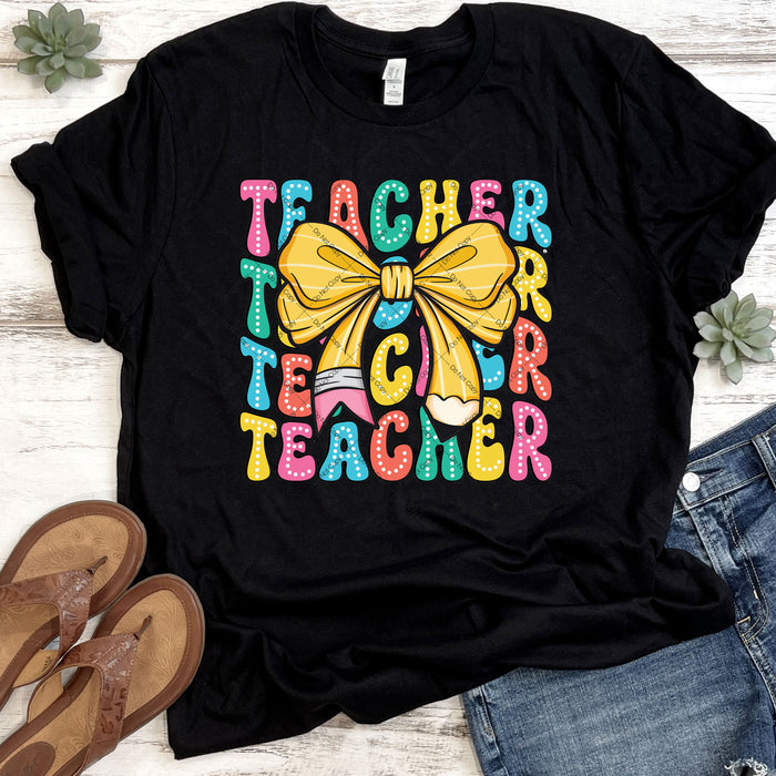 Yellow Pencil Bow Teacher DTF Transfer