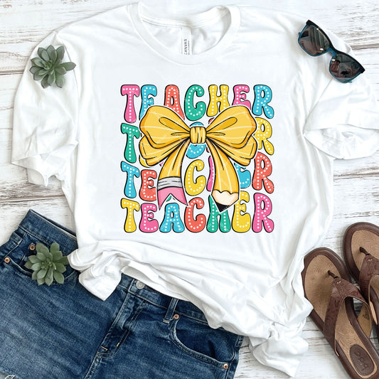 Yellow Pencil Bow Teacher DTF Transfer