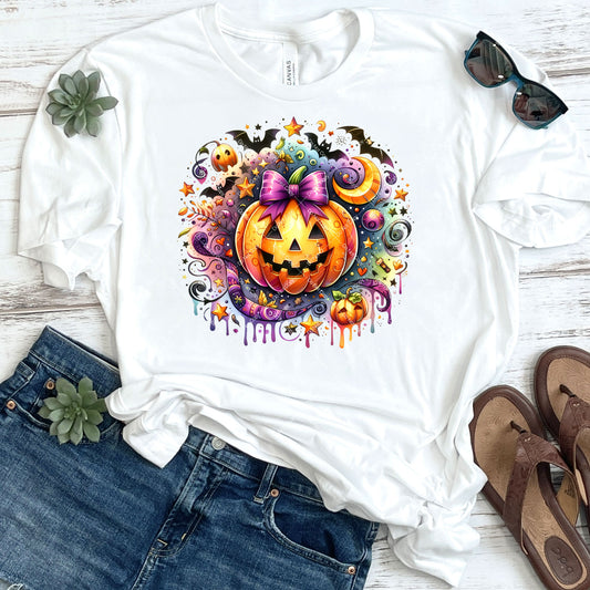 Colorful Spooky Season Jack-O-Lantern With Bow DTF Transfer