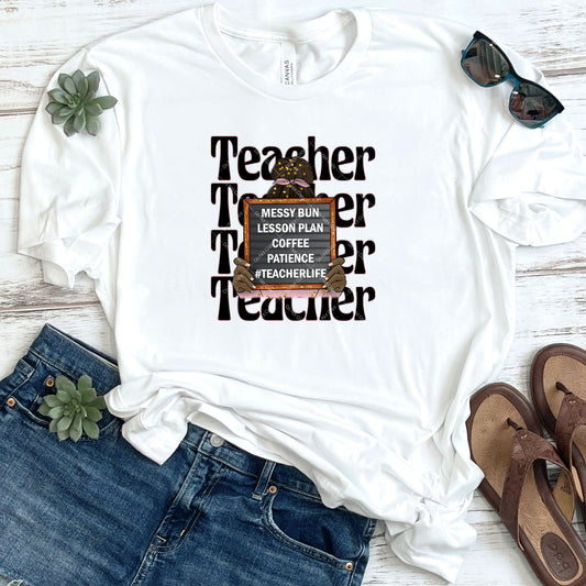 Messy Bun Lesson Plan Coffee & Patience Teacher Life Black DTF